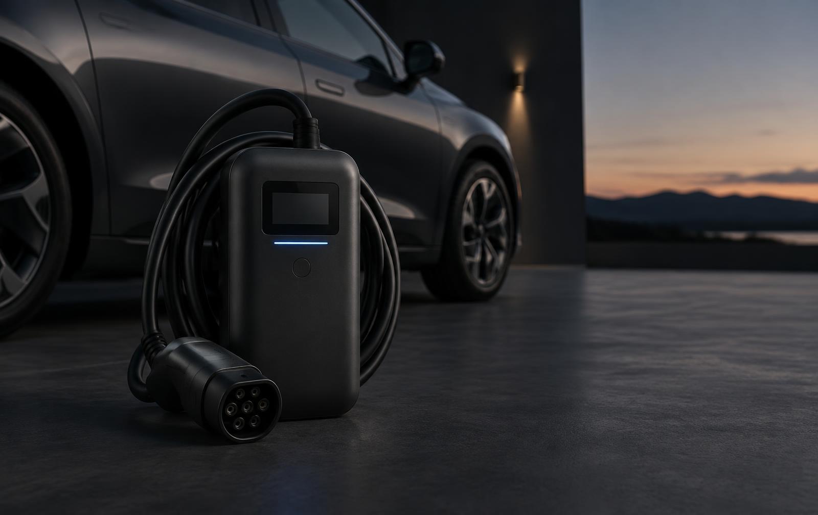 Chargeur portable RYVOLT GO devant une voiture électrique